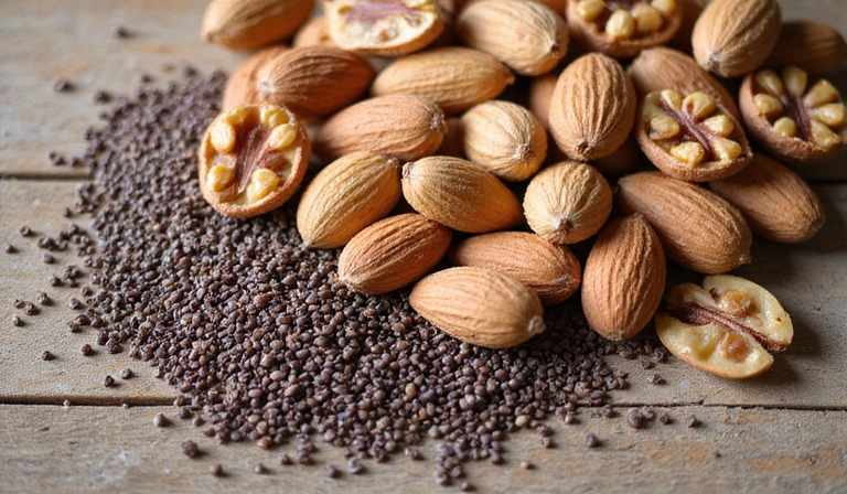 Různé druhy ořechů a semínek na dřevěném stole